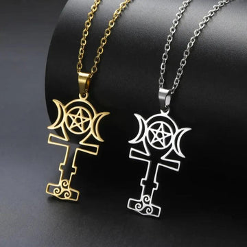 Wicca Triple Moon Goddess Necklace Egyptian Ankh Cross Necklace Wiccan Jewelry-MoonChildWorld