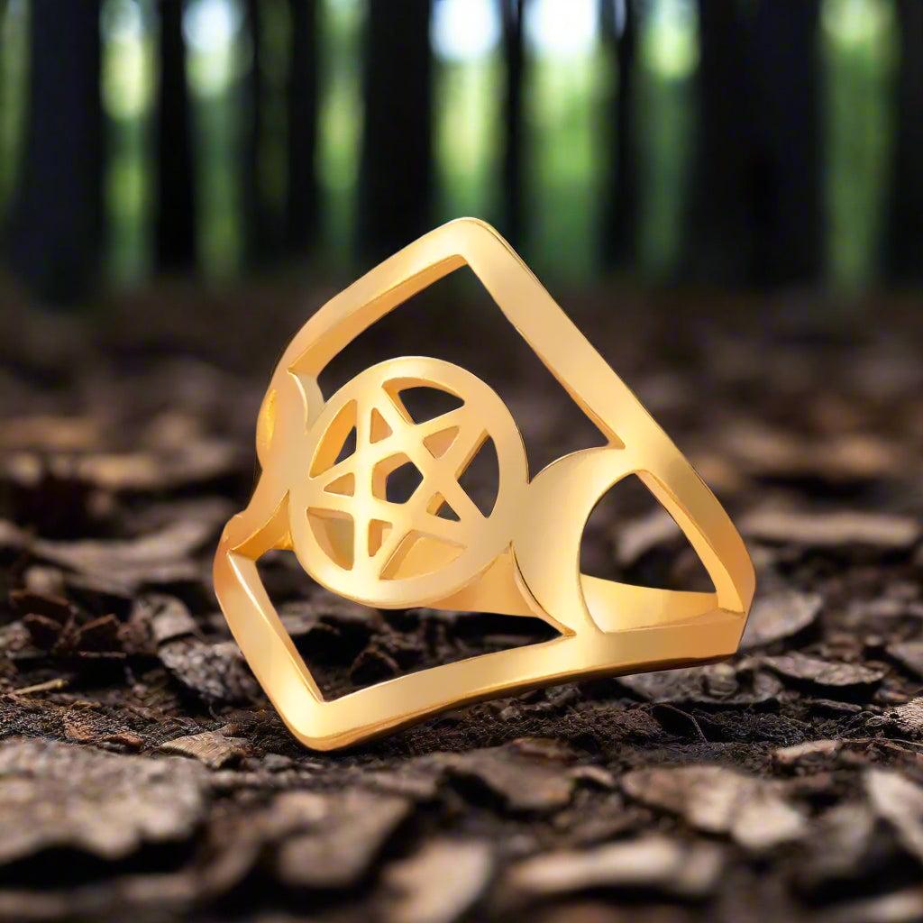 Triple Moon Goddess Ring Mythology Wicca Pentagram Ring Protection Witch Jewelry-MoonChildWorld
