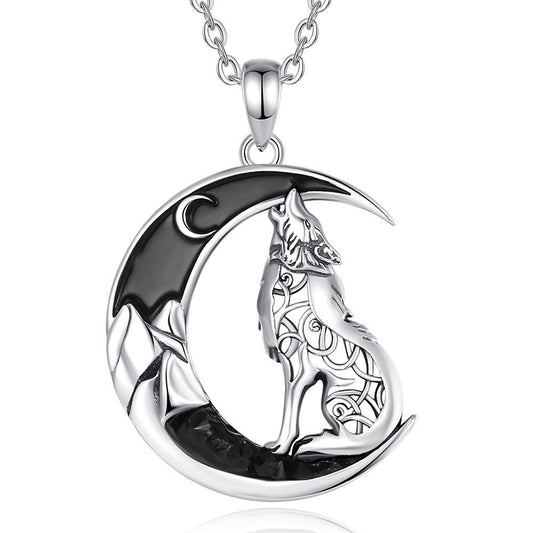 Celtic Wolf Necklace Black Zircon Moon Jewelry