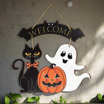 Halloween Hanging Decoration - Ghost, Pumpkin, Black Cat Welcome Sign - Witchy Wooden Sign for Gothic Home Decor-MoonChildWorld