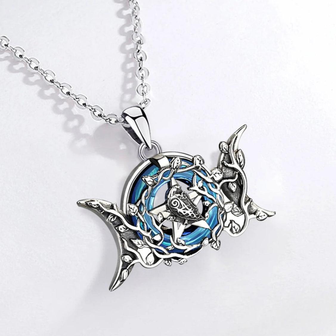 Triple Moon Goddess Necklace Blue Crystal Wiccan Moon Necklace 925 Silver Pagan Jewelry-MoonChildWorld