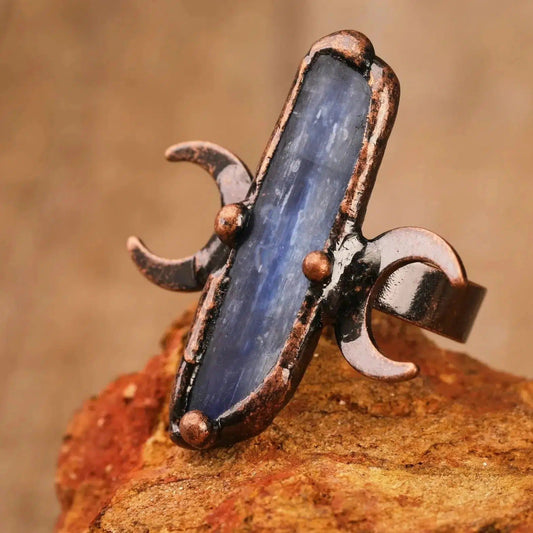 Blue Kyanite Wiccan Ring Healing Tripe Moon Open Rings-MoonChildWorld