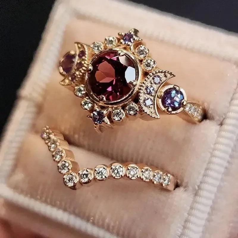 Red Crystal Wicca Star and Triple Moon Ring Pagan Jewelry-MoonChildWorld