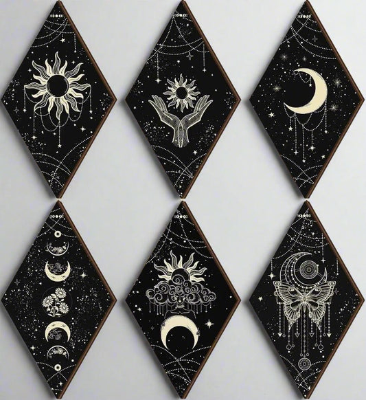 Celestial Moon Phases Wall Decor Set 6pcs - Boho Sun Moon Wooden Hanging Signs for Witchy Home Decor-MoonChildWorld