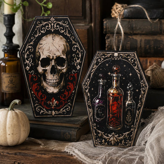 Gothic Coffin Table Sign, Skull Ghost Raven Halloween Decor, product view 4 of 20