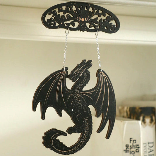 Gothic Black Wooden Dragon Hanging Ornament - Spirit Tree Moon Phase Wall Decoration Wicca Home Decor-MoonChildWorld