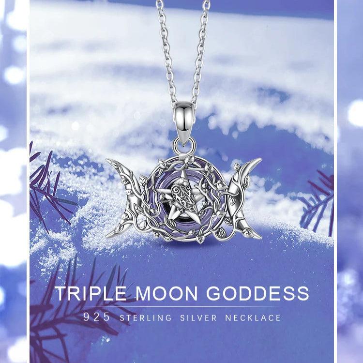 Triple Moon Goddess Necklace Purple Crystal Wiccan Moon Necklace 925 Silver Pagan Jewelry-MoonChildWorld