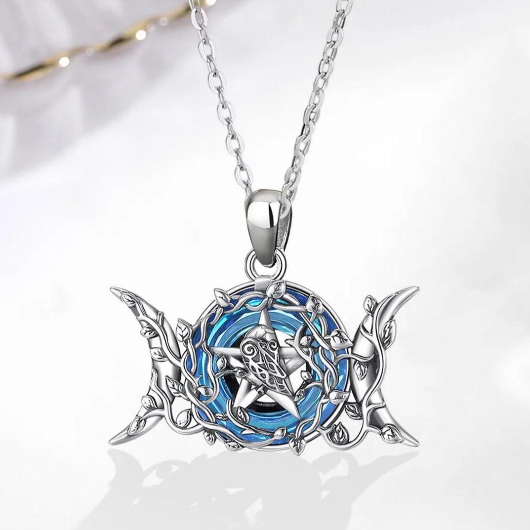 Triple Moon Goddess Necklace Blue Crystal Wiccan Moon Necklace 925 Silver Pagan Jewelry-MoonChildWorld