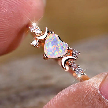 White Opal Heart Triple Moon Ring-MoonChildWorld