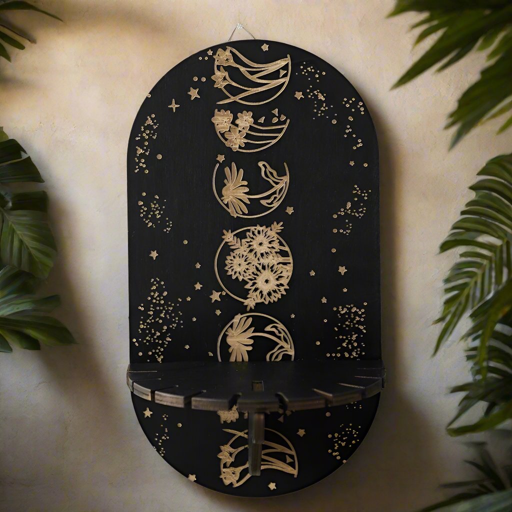 Crystal Shelf Display Black Wooden Moon Phase Shelves-MoonChildWorld