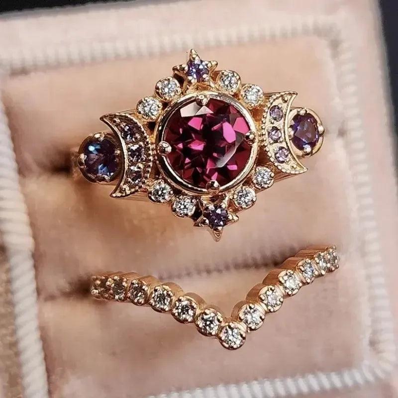 Red Crystal Wicca Star and Triple Moon Ring Pagan Jewelry-MoonChildWorld