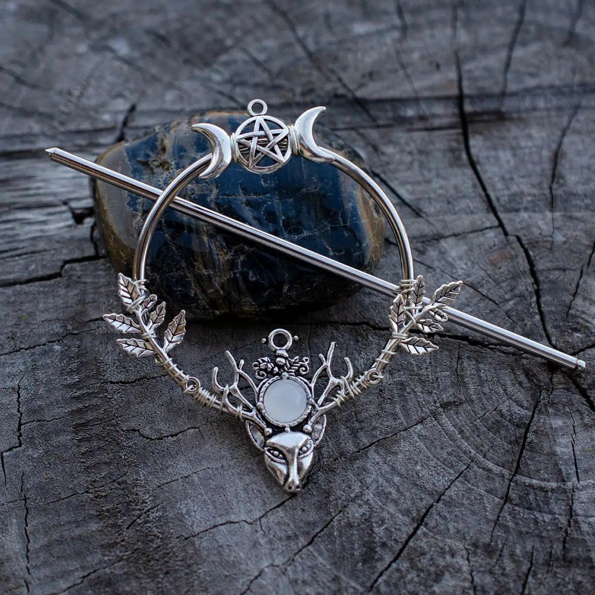 Pagan Triple Moon Pentacle Hairclip Witch Hair Jewelry-MoonChildWorld
