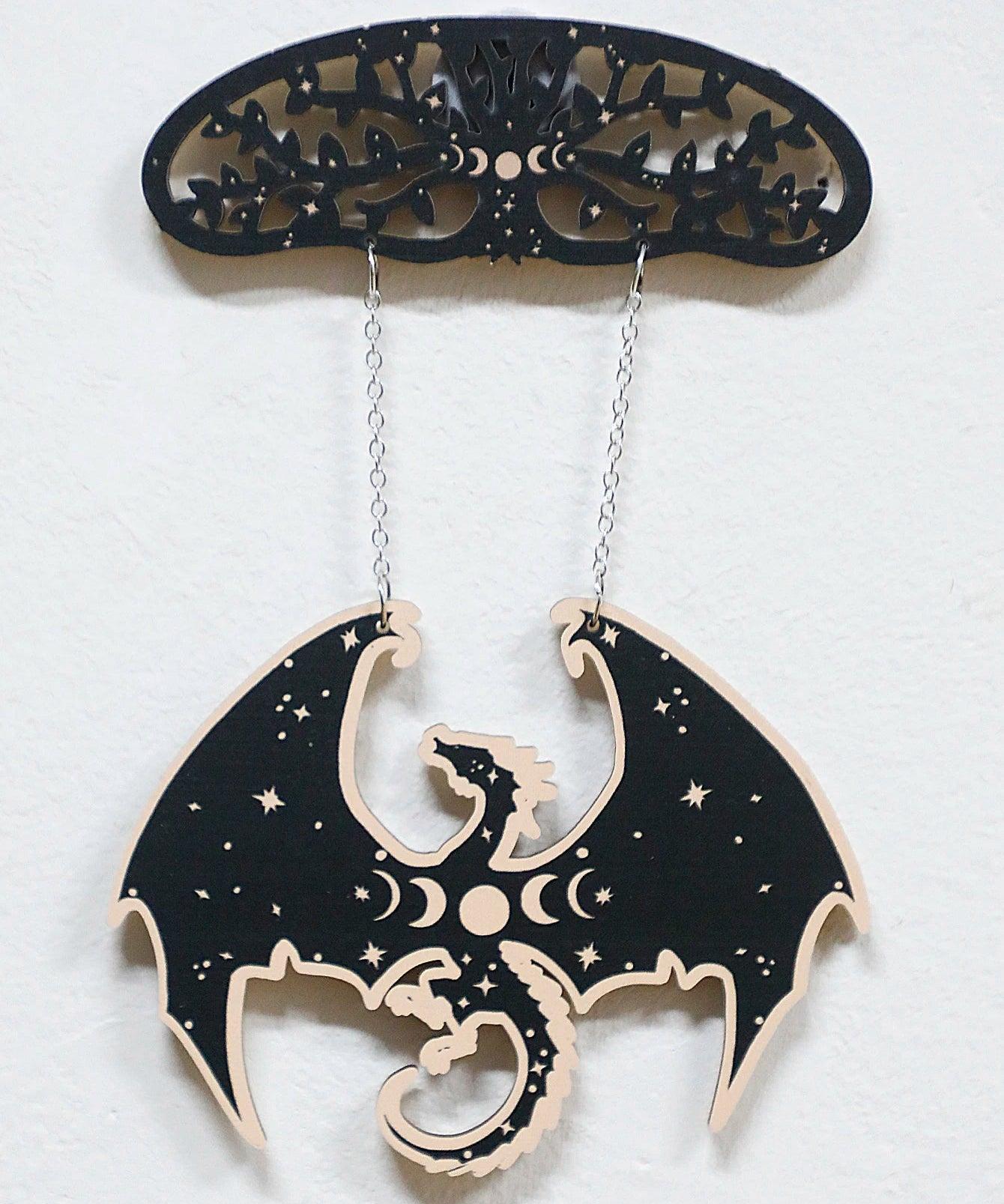 Gothic Black Wooden Dragon Hanging Ornament - Spirit Tree Moon Phase Wall Decoration Wicca Home Decor-MoonChildWorld
