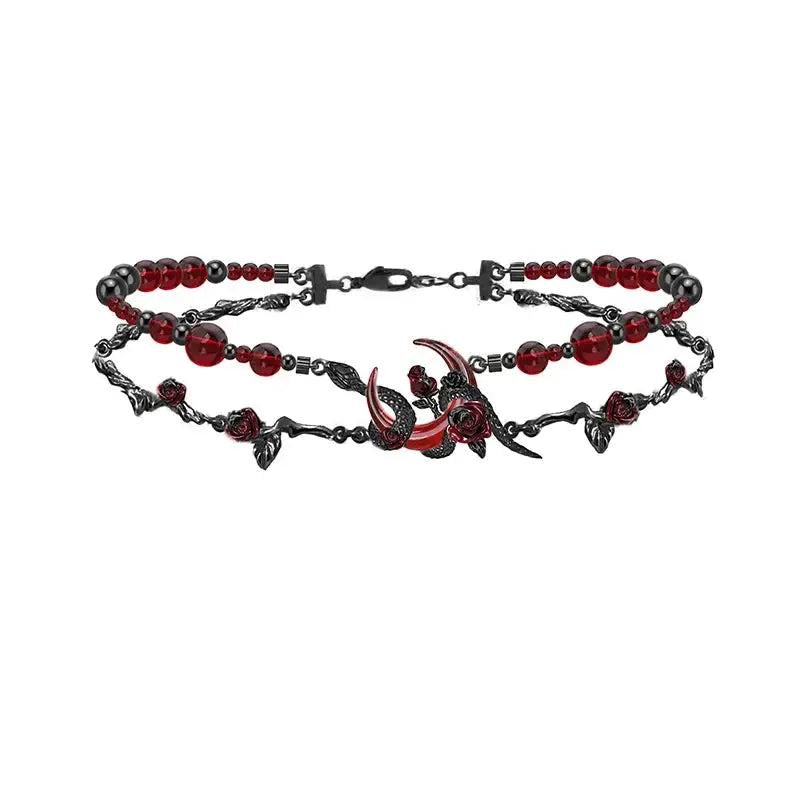 Red Crystal Heart and Snake Moon Gothic Choker Witchy Necklace-MoonChildWorld