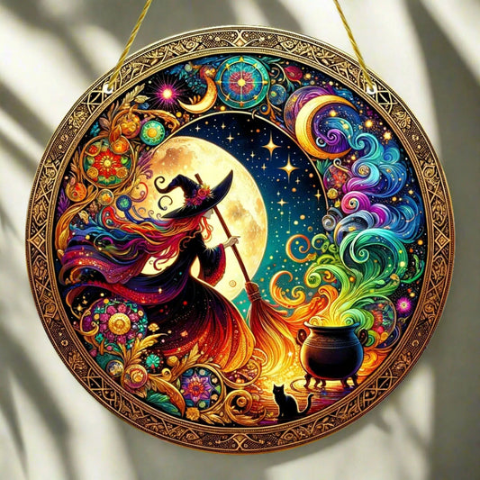 Witch Suncatcher Magic Acrylic Round Sign Halloween Window Hanging Decor-MoonChildWorld