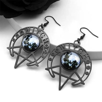 Gothic Earrings Witch Moon Dark Magic Inverted Pentacle Earrings-MoonChildWorld