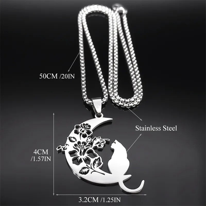 Aesthetic Flower Cat Moon Necklace-MoonChildWorld