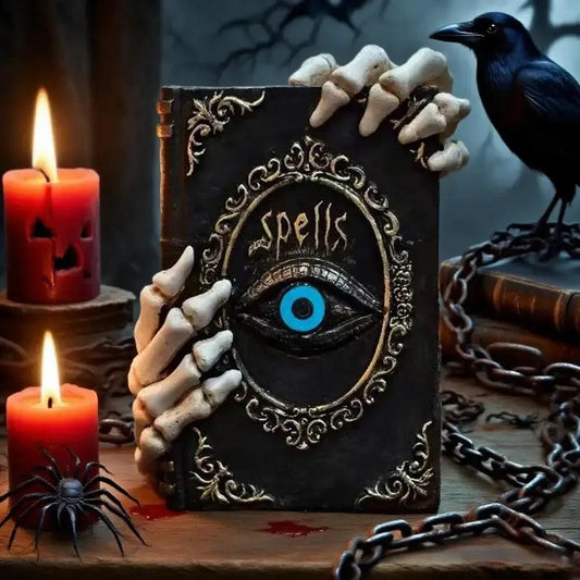 Spooky Halloween Decoration Skeleton Hand Ghostly Resin Book Sculpture-MoonChildWorld