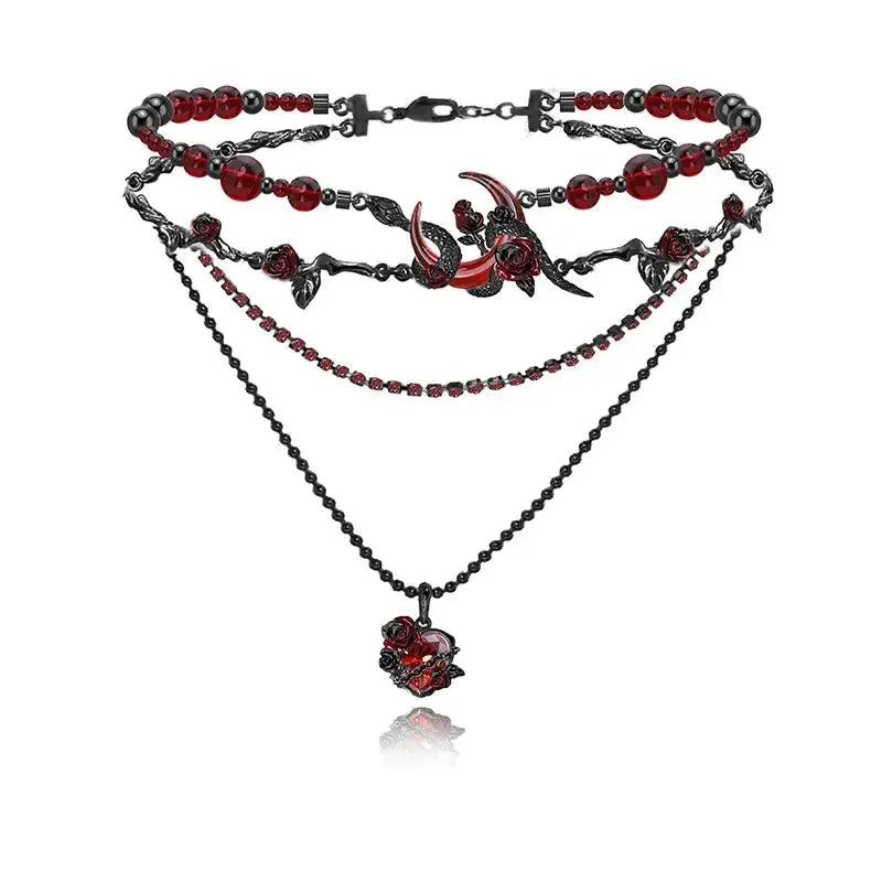 Red Crystal Heart and Snake Moon Gothic Choker Witchy Necklace-MoonChildWorld