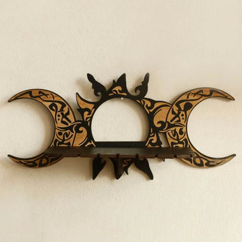 Triple Moon Sun Wall Shelf Crystal Wicca Wooden Shelf-MoonChildWorld