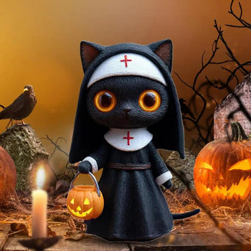 Gothic Nun Black Cat Sculpture Halloween Witchy Cat Figurine with Pumpkin Bucket-MoonChildWorld