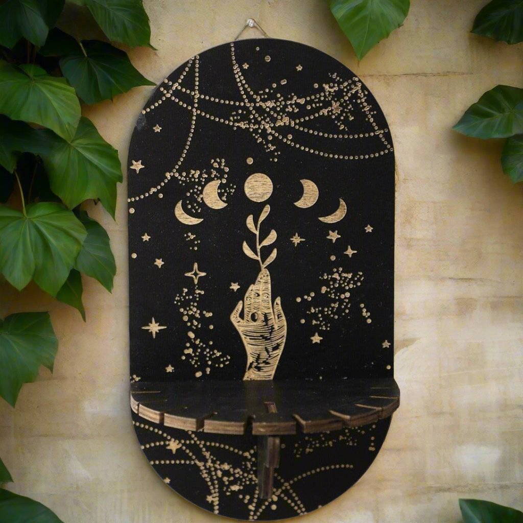 Crystal Shelf Display Black Wooden Moon Phase Shelves-MoonChildWorld
