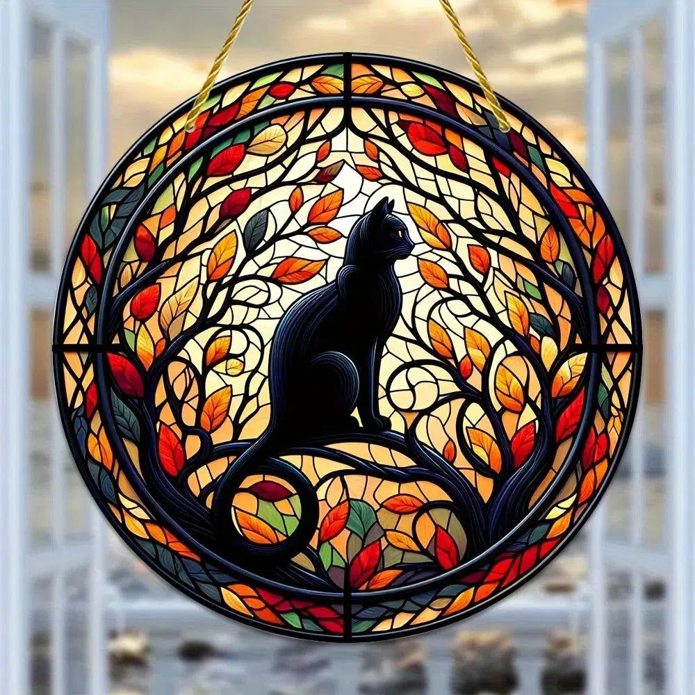 Witchy Black Cat Suncatcher Halloween Gothic Acrylic Round Sign-MoonChildWorld