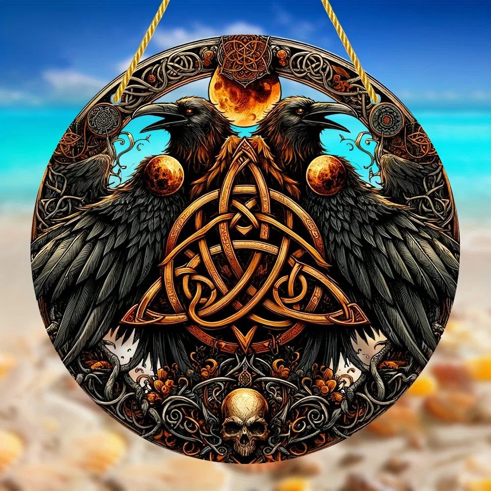 Celtic Dark Crow Suncatcher Black Raven Witchy Acrylic Round Sign Halloween Decor-MoonChildWorld
