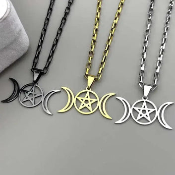 Witchcraft Triple Moon Pentagram Necklace Wicca Jewelry-MoonChildWorld