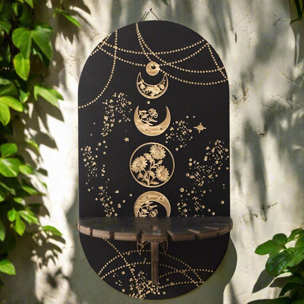 Crystal Shelf Display Black Wooden Moon Phase Shelves-MoonChildWorld