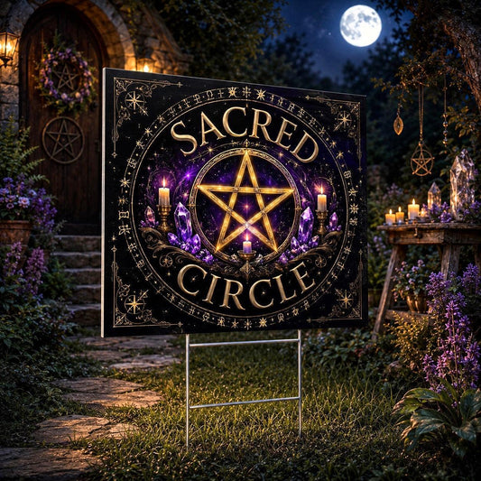 Sacred Circle Gold Pentagram Crystals Wicca Yard Sign - garden display