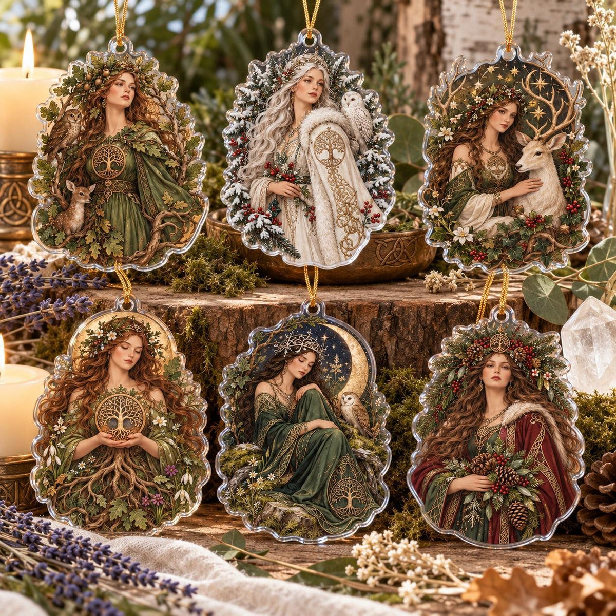 Sacred Grove Goddess Acrylic Ornament Set – Pagan Yule Tree Decor – set of 6, another view
