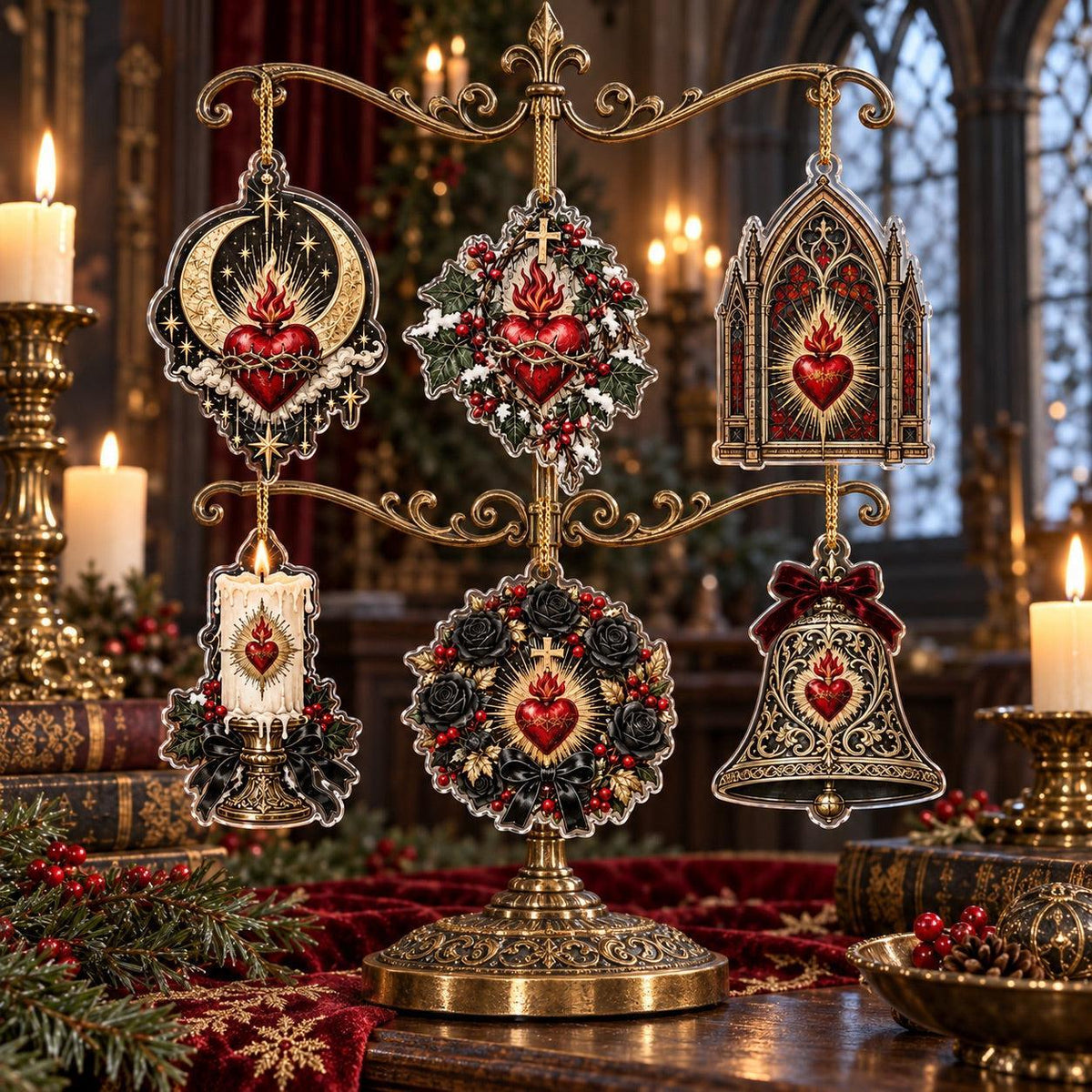 Sacred Heart Gothic Acrylic Ornament Set – Dark Christmas Yule Decor – set of 6, another view