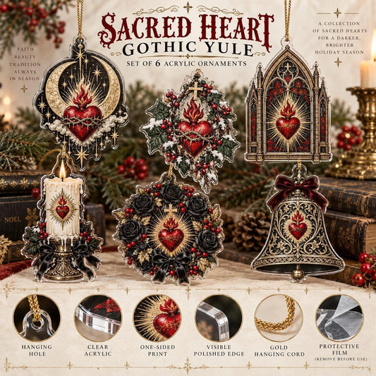 Sacred Heart Gothic Acrylic Ornament Set – Dark Christmas Yule Decor – ornament size and details