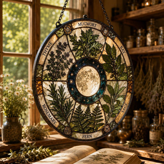 Sacred Herb Moon Circle Glass Suncatcher - hanging view