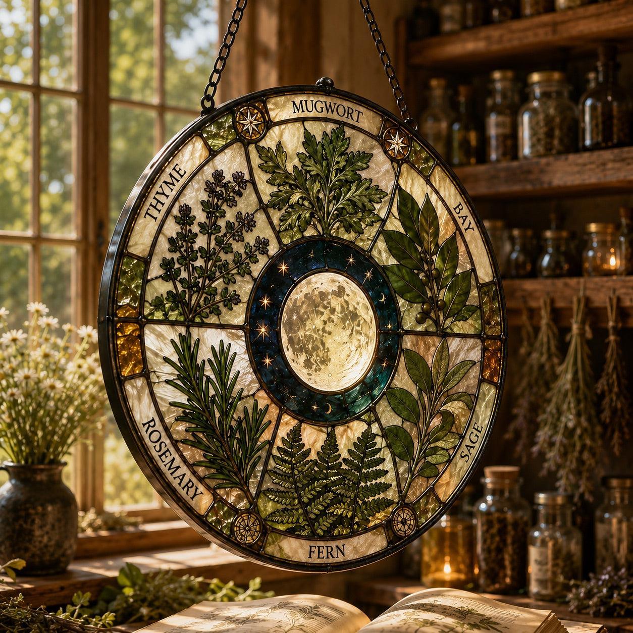 Sacred Herb Moon Circle Glass Suncatcher - close up detail
