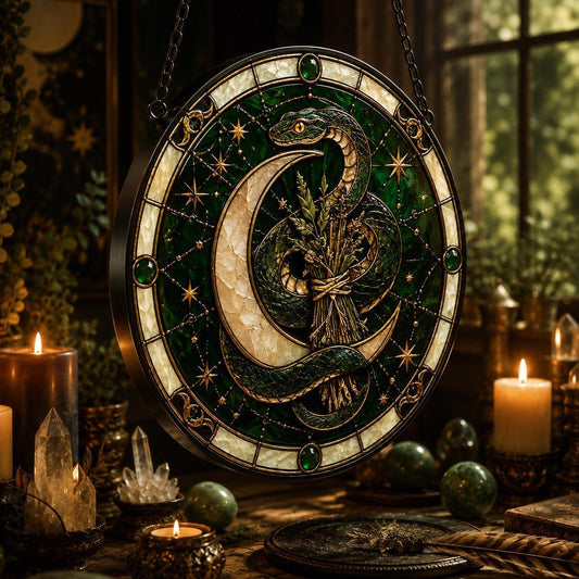 Sacred Serpent Crescent Moon Glass Suncatcher - hanging view