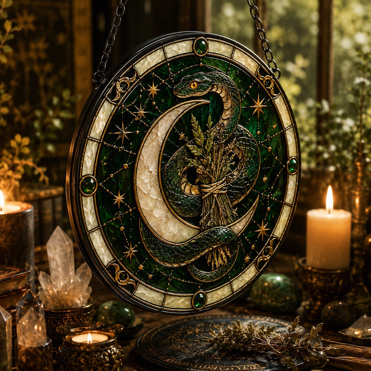 Sacred Serpent Crescent Moon Glass Suncatcher - close up detail