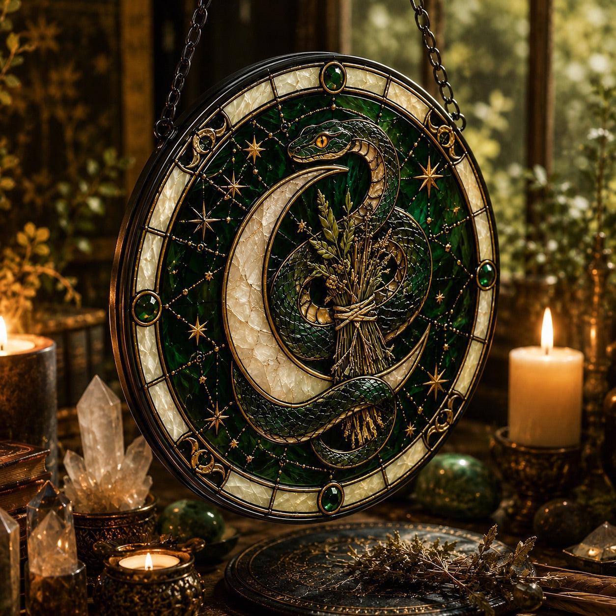 Sacred Serpent Crescent Moon Glass Suncatcher - close up detail