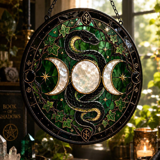 Sacred Serpent Triple Moon Glass Suncatcher - close up detail