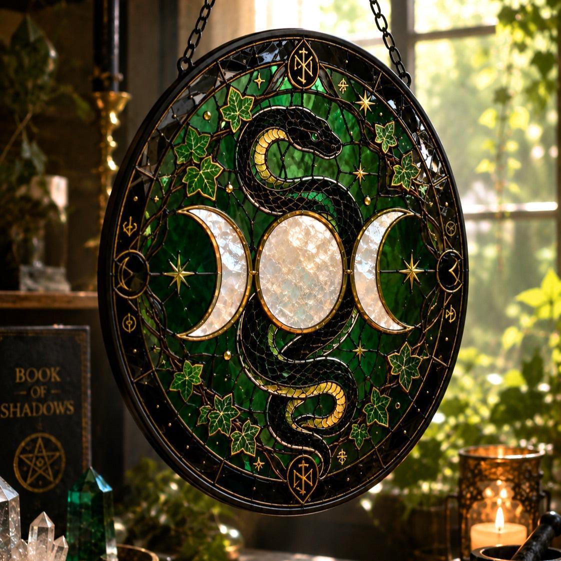 Sacred Serpent Triple Moon Glass Suncatcher - hanging view