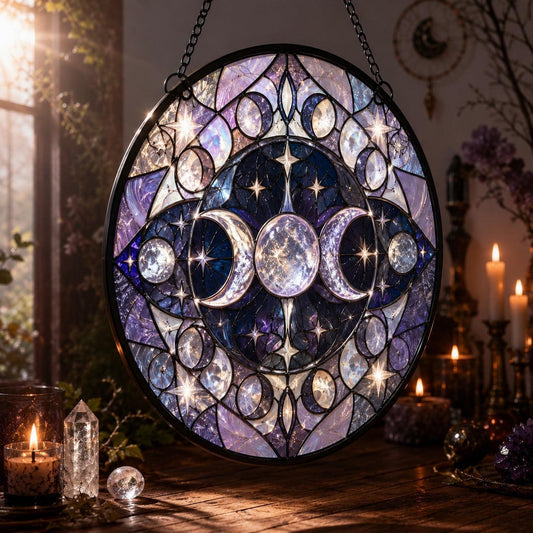 Sacred Triple Moon Altar Glass Suncatcher - hanging view