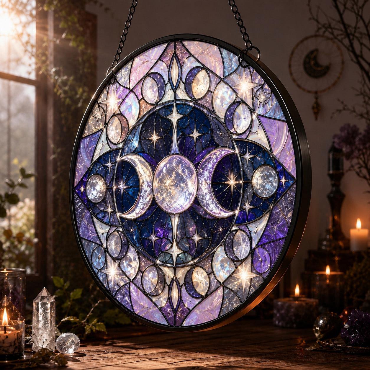 Sacred Triple Moon Altar Glass Suncatcher - close up detail