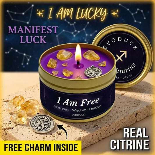 Sagittarius Zodiac Candle I Am Free with citrine crystals and Sagittarius charm - Manifest Luck, Real Citrine, Free Charm Inside
