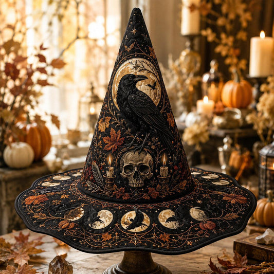 Samhain Skull Witch Hat – Raven Pumpkin Occult Wide Brim Hat – on an altar table