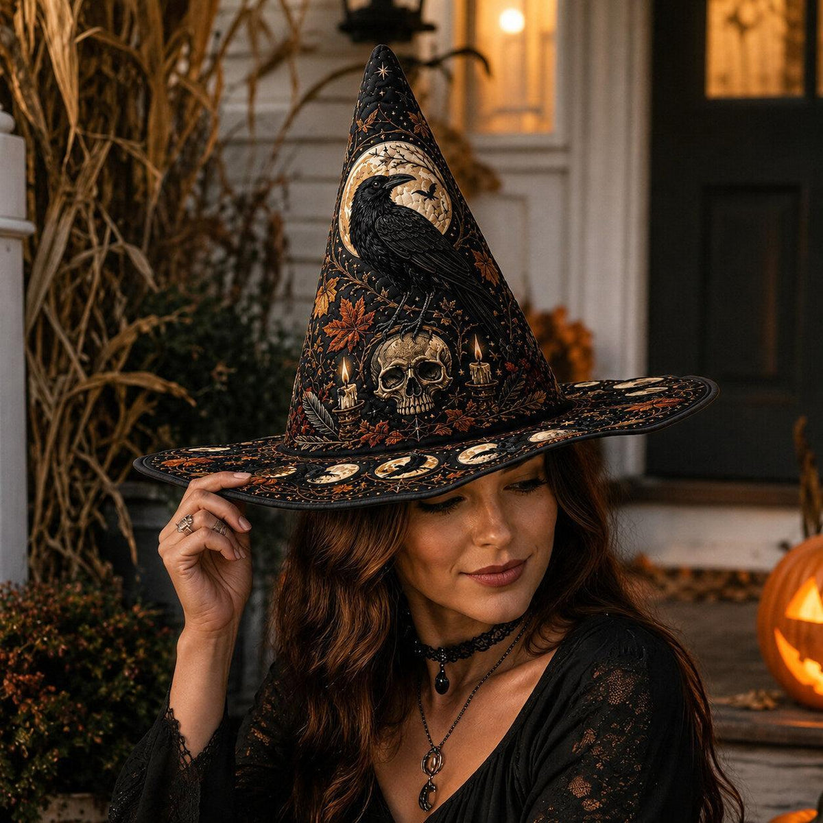 Samhain Skull Witch Hat – Raven Pumpkin Occult Wide Brim Hat – worn, front view