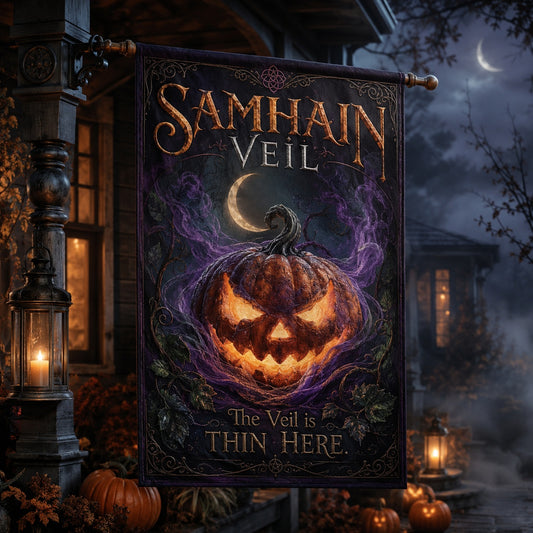 Samhain Veil house flag with The Veil is Thin Here pumpkin Halloween design