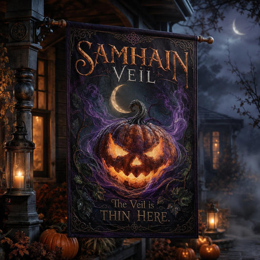 Samhain Veil house flag with The Veil is Thin Here pumpkin Halloween design