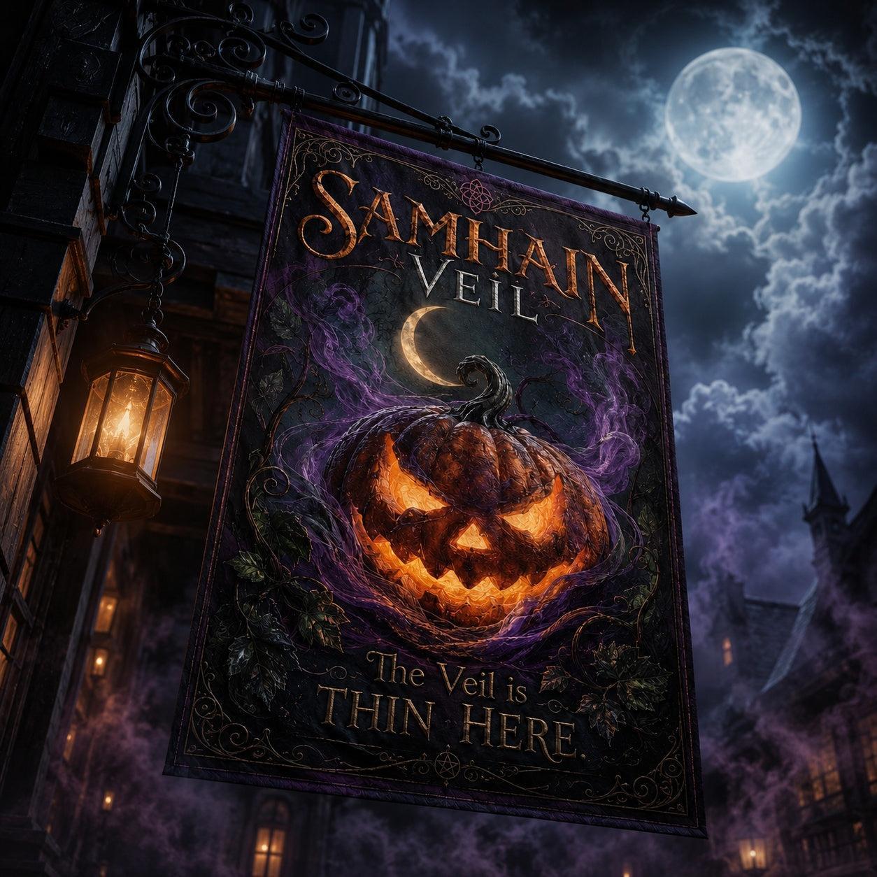 Samhain Veil house flag mockup hanging outdoors as Halloween pagan decor