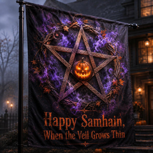 Samhain Veil Pentacle house flag displayed outdoors on a garden flag stand
